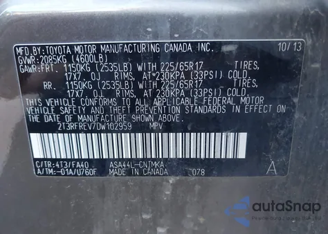 2013 Toyota Rav4 Xle z USA, uszkodzony, nr VIN 2T3RFREV7DW102959